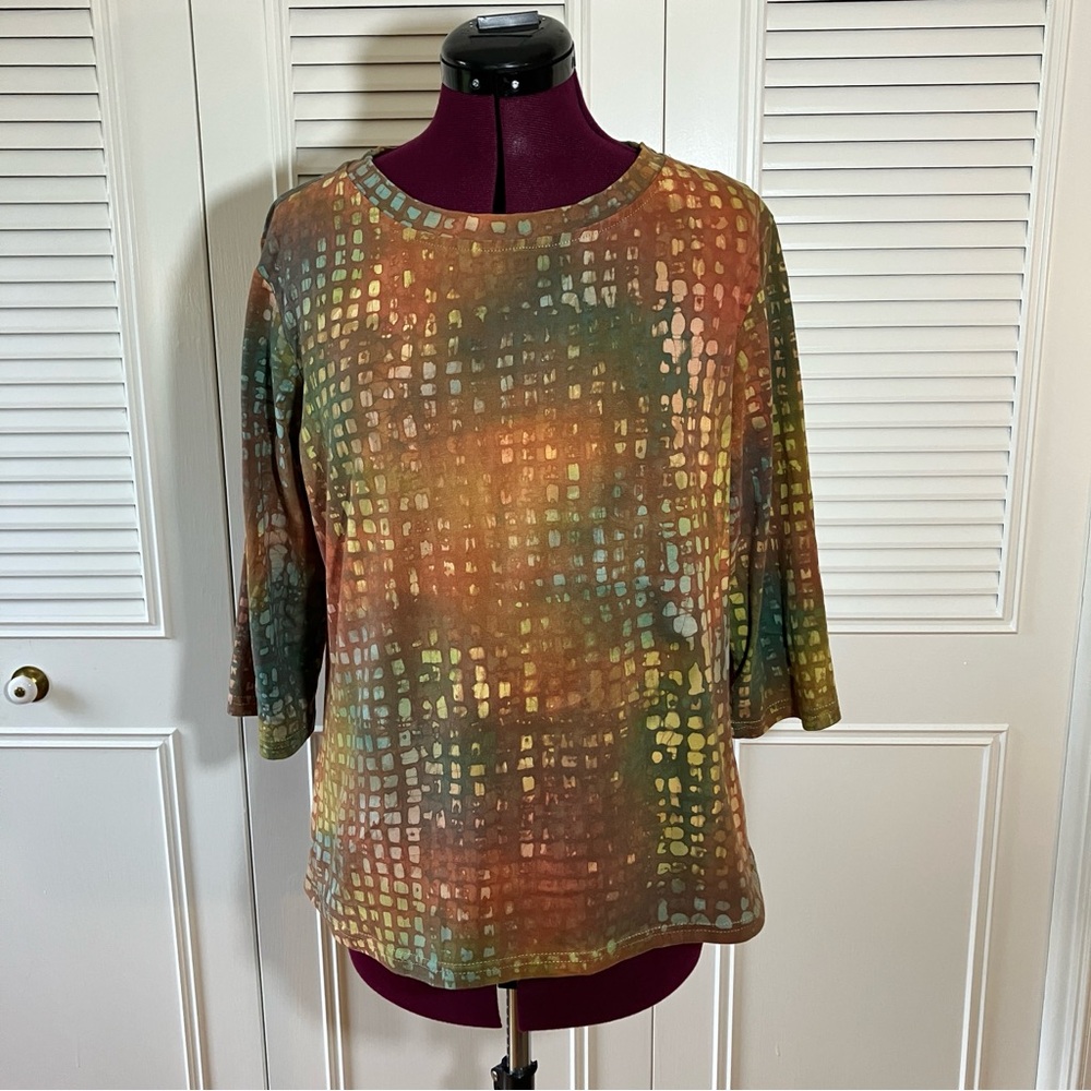 Su Placer Orange and Green Abstract Batik Women's Top